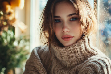 Happy cute girl cozy winter time weekend morning generative AI