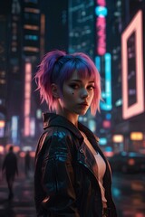Obraz premium Cyberpunk City Dream: Anime Girl with Neon Hair
