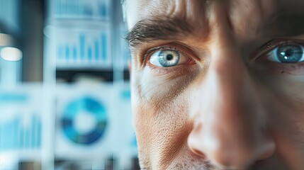 A close-up of a businessmanâ€™s distressed face, with a blurred background of a chaotic office filled with charts and reports. 