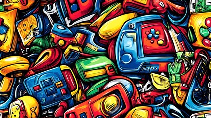 Obraz premium A vibrant retro doodle pattern featuring arcade joysticks, CRT screens, game cartridges, and pixelated characters, surrounded by neon grids and glitch art, bright and nostalgic, hd quality,
