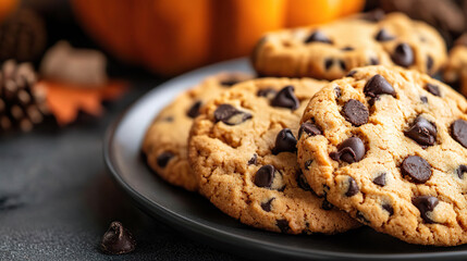 Close-up of chocolate chip cookies on a dark plate with autumn decor. AI-generated
