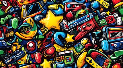 Obraz premium A vibrant retro gamer doodle pattern filled with pixelated characters, old-school game consoles, arcade machines, and CRT monitors, with neon pixels and glowing stars,