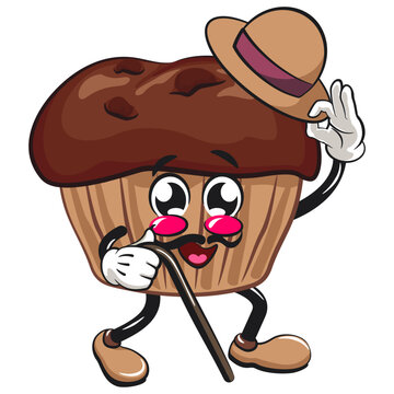recommend clip art: kawaii cartoon chocolate muffin with chocolate chip character mascot isolated vector illustration carrying a stick and saluting with raised hat, work of hand drawn
