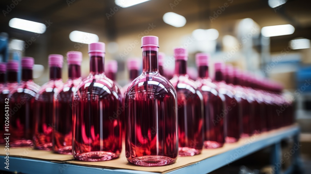 Wall mural unveiling the splendor of a sealed rose-colored red wine bottle: inside the industrial workshop of a