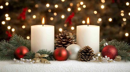 A charming rustic Christmas table setup features white candles, pine cones, and vibrant red ornaments, creating a cozy and inviting atmosphere perfect for holiday gatherings
