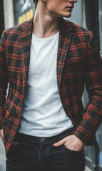 Man wearing red plaid jacket, white shirt, jeans.