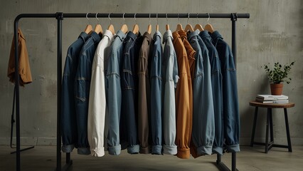 Minimalist Fashion Display: Oversized Graphic Tees and Baggy Jeans on Racks