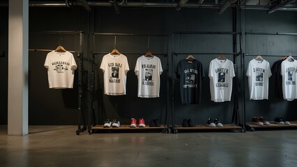 Minimalist Fashion Display: Oversized Graphic Tees and Baggy Jeans on Racks