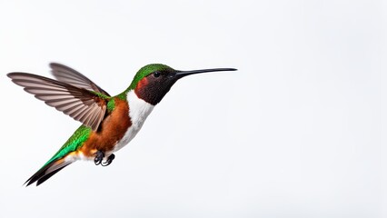Fototapeta premium A vibrant hummingbird in mid-flight, showcasing its colorful plumage against a light background.