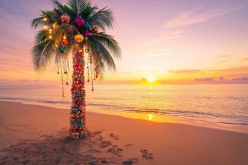 Colorful Christmas palm tree decorations on a tropical beach at sunset, concept of festive tropical getaway © MarGa