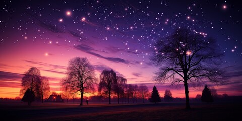 Silhouetted Trees Against A Sky Filled with Stars, A Glimmer of Light Illuminates The Horizon