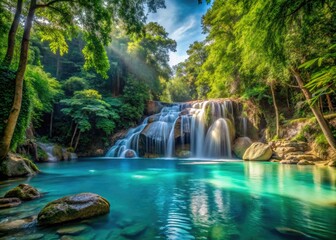 Fototapeta premium Emerald blue lakes and cascading waterfalls await in Erawan National Park, Thailand, where lush tropical jungles create a stunning natural paradise for adventure seekers.