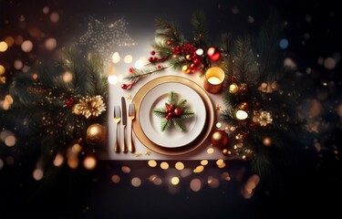 A festive dinner table setting with a white plate, gold cutlery, and Christmas greenery.