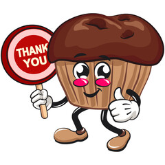 kawaii cartoon chocolate muffin with chocolate chip character mascot isolated vector illustration carrying a sign saying thank you, work of hand drawn