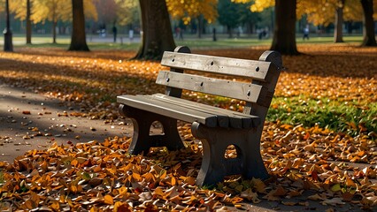 Lonely Bench in a Park Surrounded by Vibrant Autumn Leaves and Soft Sunlight