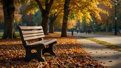 Lonely Bench in a Park Surrounded by Vibrant Autumn Leaves and Soft Sunlight