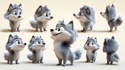 Fototapeta premium A set of cute cartoon wolves in various poses with expressive faces and fluffy fur