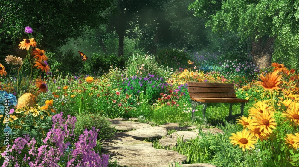 Wall mural Wooden bench in a beautiful flower garden on a sunny summer day