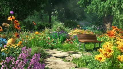Wooden bench in a beautiful flower garden on a sunny summer day