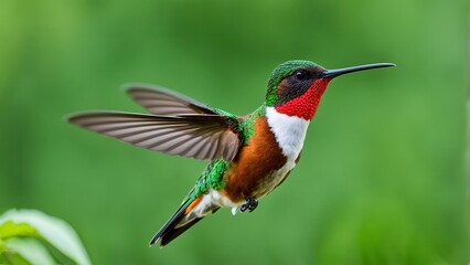 Fototapeta premium A vibrant hummingbird in mid-flight, showcasing its colorful plumage against a blurred background.