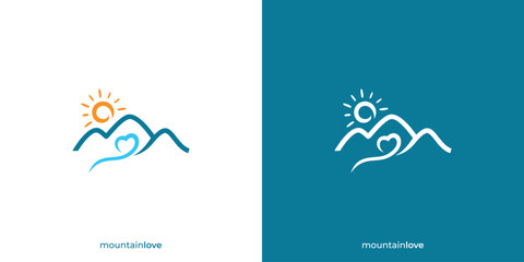 Obraz premium Mountain Love Logo. Mountain and Love Shape with Minimalist Style. Love Nature Logo, Icon, Symbol, Vector, Design Inspiration.