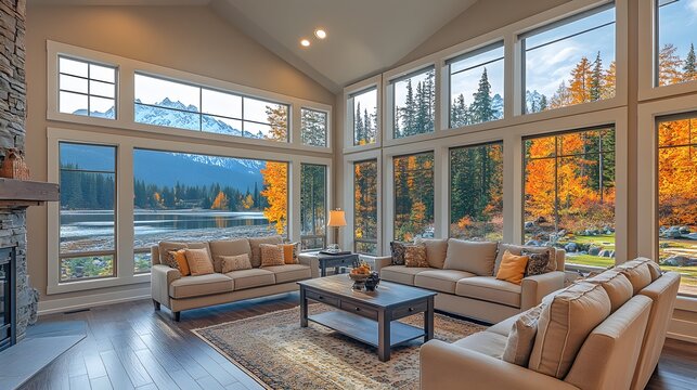 Modern open-plan living room with stylish decor, warm tones, and a spacious layout