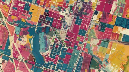Fototapeta premium Colorful Aerial Cityscape with Urban Infrastructure Layout and Architectural Patterns
