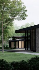 This beautifully designed modern farmhouse features an inviting front porch, stone accents, and a lush green lawn, creating a tranquil and appealing atmosphere