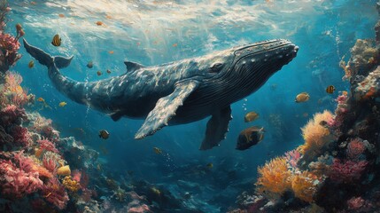 Fototapeta premium A majestic humpback whale swims gracefully through a vibrant coral reef
