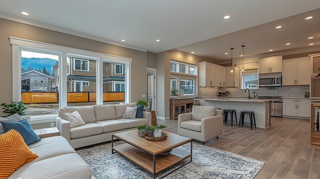 Sleek modern living room with stylish furnishings, wooden accents, and a clean, spacious layout