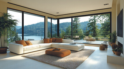 Fototapeta premium Modern living room interior with neutral colors, clean lines, and open space design