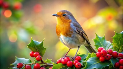 Obraz premium Young Robin on Holly Bush - Captivating Wildlife and Nature Photography