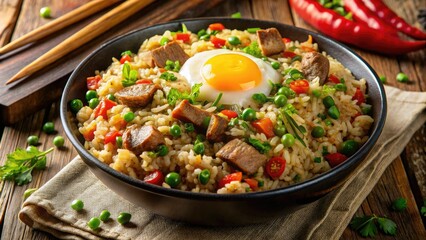Enjoy a delicious bowl of Asian fried rice featuring succulent pork and fluffy eggs, ideal for satisfying your cravings at any time of the day.