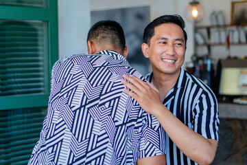 Two friends share a heartfelt hug in a charming caf atmosphere