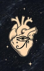 Fototapeta premium an anatomical illustration of a human heart floating in a starry night sky. On the heart is drawn the Eye of Horus, an ancient Egyptian symbol,The background il a deep blue-black, dotted with numerous