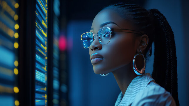 African American female IT specialist under blue lighting, black cyber security analyst.	 - Powered by Adobe