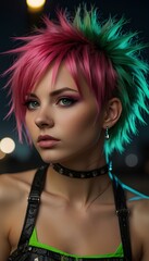 Edgy Punk Anime Girl with Neon Accents Under City Lights