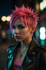 Edgy Punk Anime Girl with Neon Accents Under City Lights