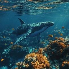 Fototapeta premium A majestic humpback whale swims gracefully among vibrant coral reefs in clear waters
