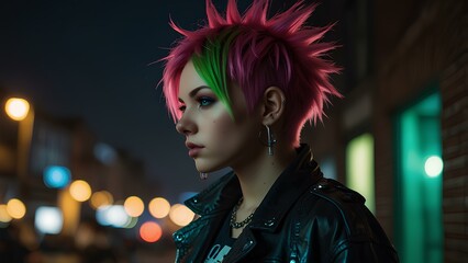 Edgy Punk Anime Girl with Neon Accents Under City Lights