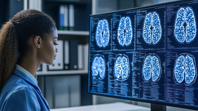 African American female IT specialist under blue lighting,