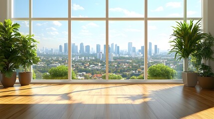 Naklejka premium Bright and airy living room with minimalist furniture, large windows, and clean lines