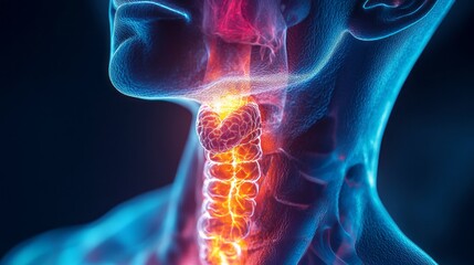 A man's neck is shown in a blue and red color