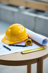 Construction workspace with a yellow hard hat, detailed floor plan drawing, pens, and a triangular ruler, and more,  illustrating essential tools for architectural or construction planning