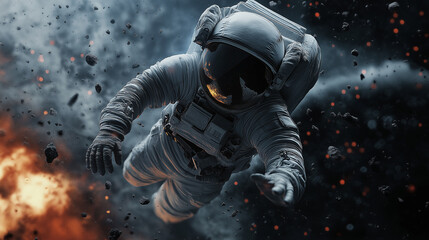 Fototapeta premium A man in a spacesuit is flying through space with a firestorm behind him. Concept of danger and adventure, as the astronaut is navigating through a hazardous environment