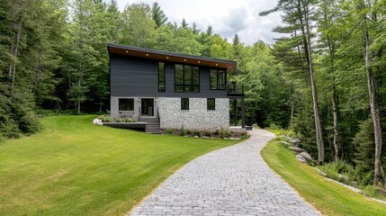 This beautifully designed modern farmhouse features an inviting front porch, stone accents, and a lush green lawn, creating a tranquil and appealing atmosphere
