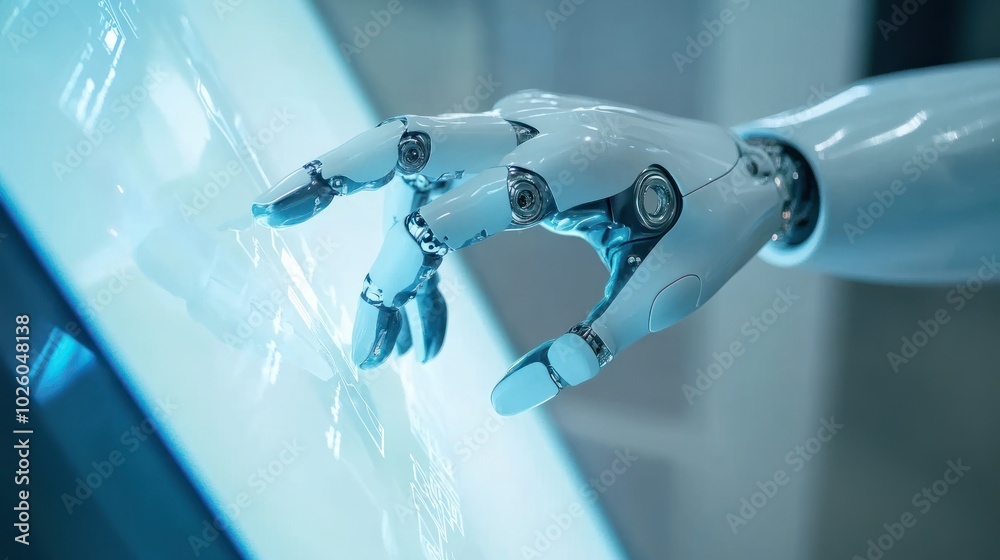 Poster close-up of robotic hand interacting with a touchscreen, illustrating the integration of ai and huma