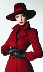 Fototapeta premium A woman in a red coat and hat.