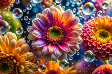 Abstract Floral Art with Water Drops and Bubbles - Vibrant Nature Photography