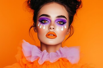 Naklejka premium woman with Halloween colors orange purple and black clown makeup, adorned with a whimsical orange tulle collar. orange solid color background